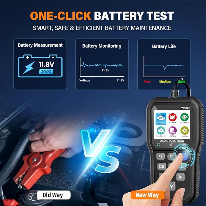 BluSon YM319 OBD2 Scanner Diagnostic Tool with Battery Tester, Check Engine Fault Code Reader with Live Data, Cloud Printing,