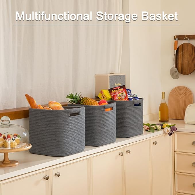 OIAHOMY Storage Cubes 11 Inch Storage Bins-3 Pack, Cotton Rope Woven Baskets for Organizing, Square Baskets for Shelves Organ