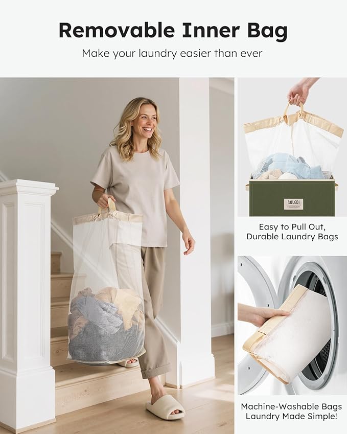 SOLEDI Laundry Hamper with Lid 100L Large & Tall Collapsible Laundry Basket, Clothes Hamper with Bag Removable Easy to Carry,