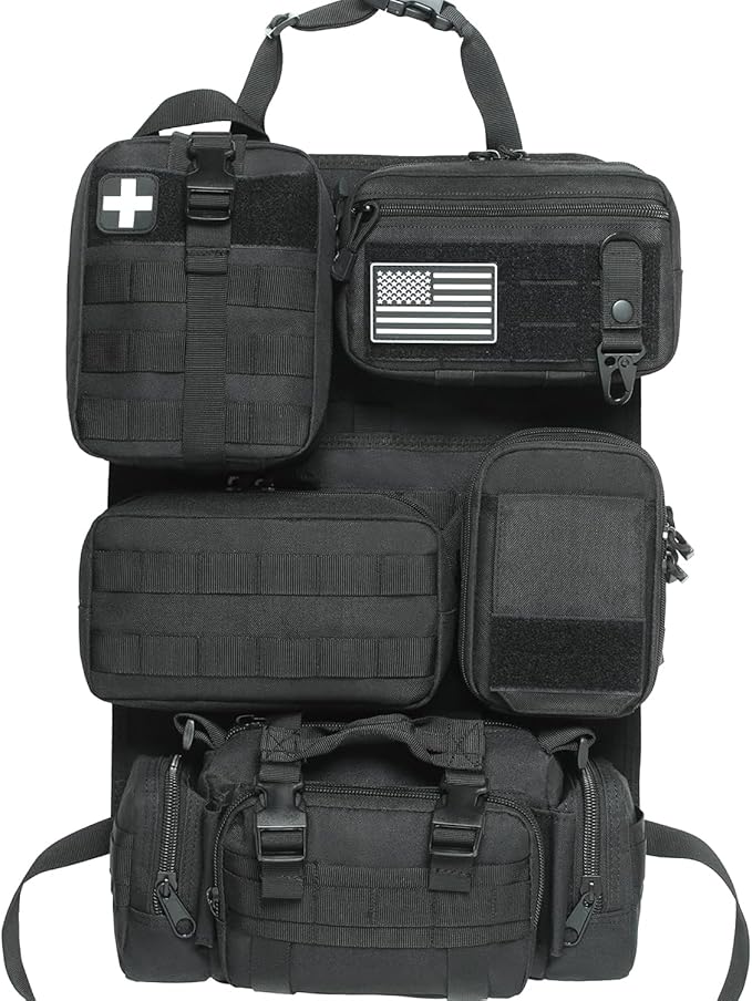 6 Pack Tactical Molle Car Seat Back Organizer - Tactical Vehicle Panel Organizer with 5 Detachable Molle Pouch,US Flag Patch