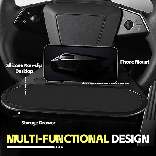 ZDHQLHJ Steering Wheel Table Tray for Tesla Cybertruck, Multifunction Lunch Desk with Phone Mount and Storage Box, Car Steering Wheel Food Tray for Laptop, Car Table for Eating Work