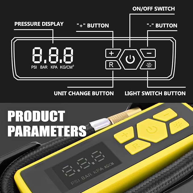 ‎DNA MOTORING TOOLS-00211 Yellow 12V DC Digital Tire Inflator Portable Air Compressor with Pressure Gauge for Cars, Bicycles, Motorcycles,Balls