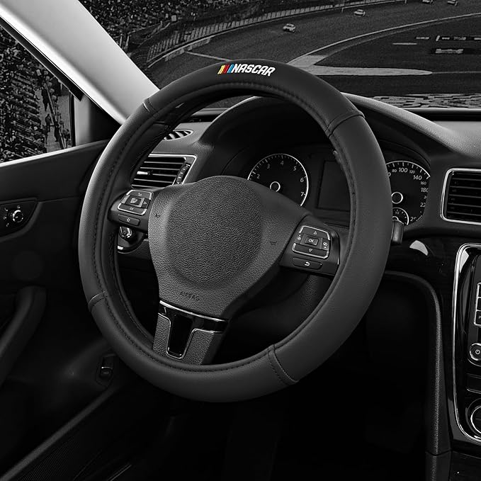 NASCAR Steering Wheel Cover, Two-Tone Black Leather Patchwork, Universal Fit 14.5"-15.5" Steering Covers for Cars, Anti-Slip,