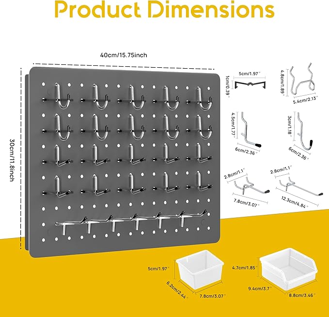 Peg Board for Tools, 6 Pack Metal Pegboard Wall Organizer with Hooks,16"×12" Gray Pegboard Panels for Walls Home, Garage Tool