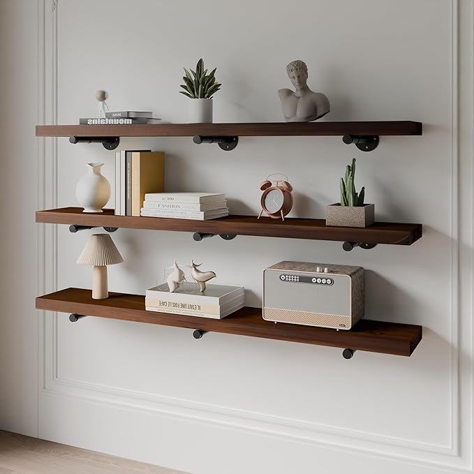 Industrial Pipe Wall Wood Shelves,Real Wooden Shelves 55" in Walnut Color with 1.2" Extra Thick, Modern Floating Shevles Book