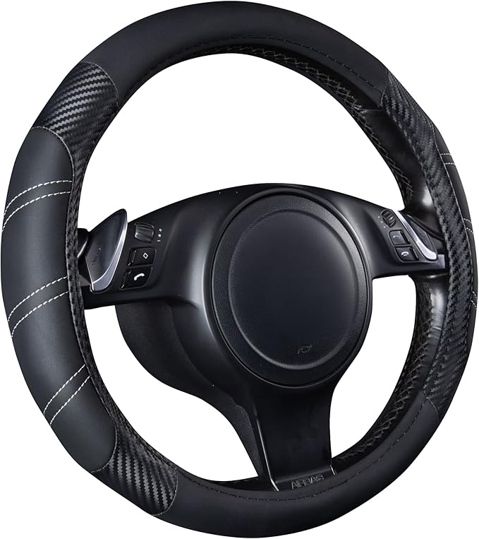 CAR PASS Line Rider Microfiber Leather Sporty 14.5-15 inch Steering Wheel Cover Universal Fits for 95% Truck,SUV,Cars, Anti-S