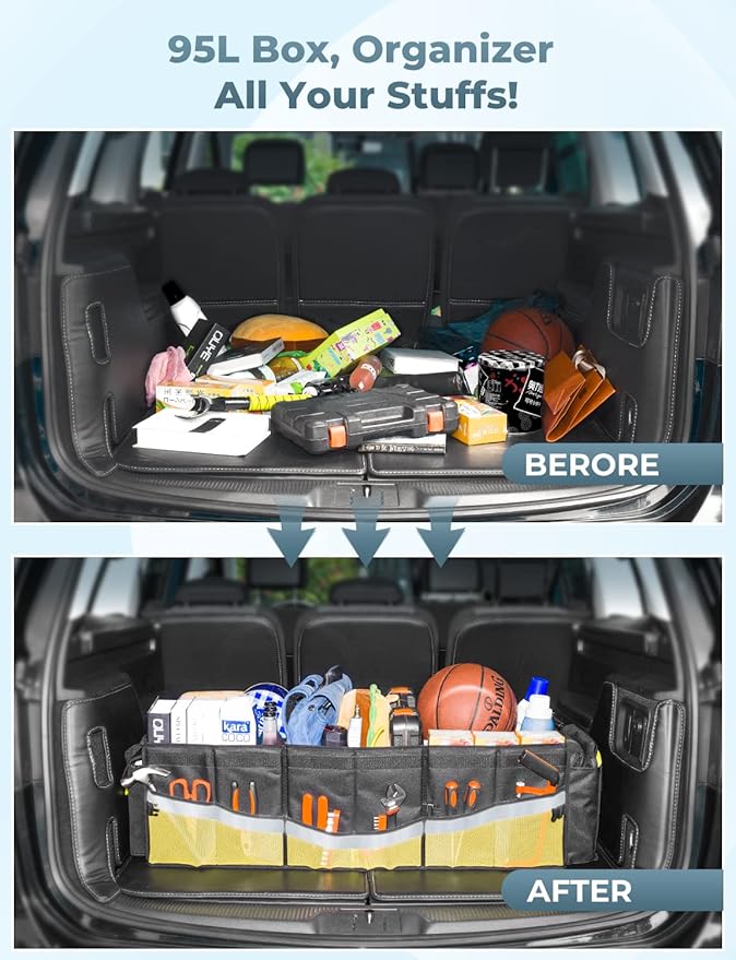 Oasser Trunk Organizer with Cooler Bag 95L, Bearing 110lb No Deformation, Collapsible with Multi Compartments, 20L Removable