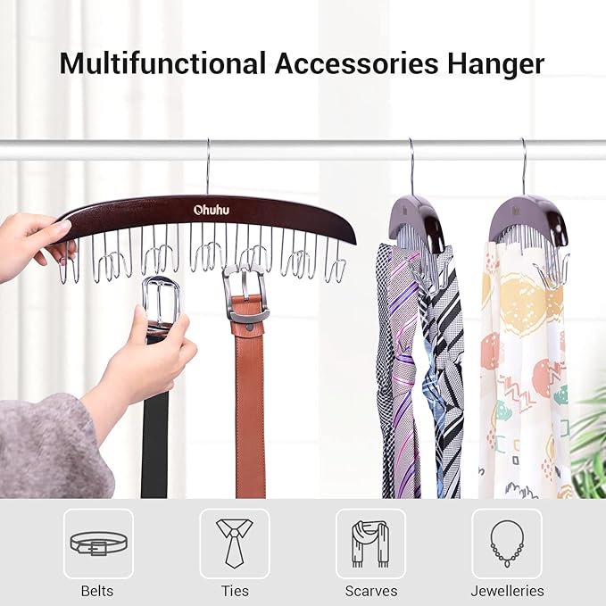 Belt Hanger Organizer for Closet: Ohuhu 12 Hooks Max 36 Belts Tie Rack Wooden Belt Holder for Storage 360 Degree Rotating Spa