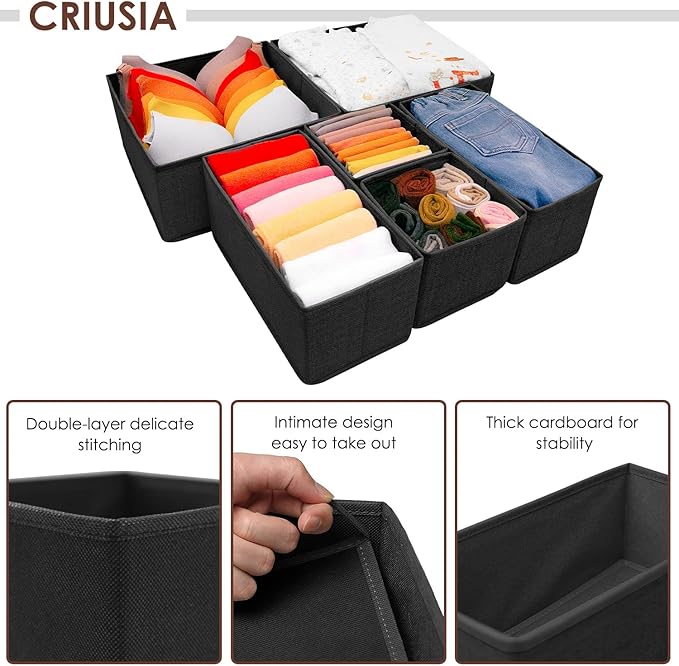 Criusia 6 Pack Clothes Drawer Organizer Dividers, Fabric Foldable Closet Dresser Drawer Organizer for Clothing, Bra Sock Unde