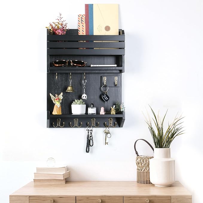 Key Holder, Wall Mounted Mail Organizer, Keys Holder on Wall with 9 Key Hooks, Black
