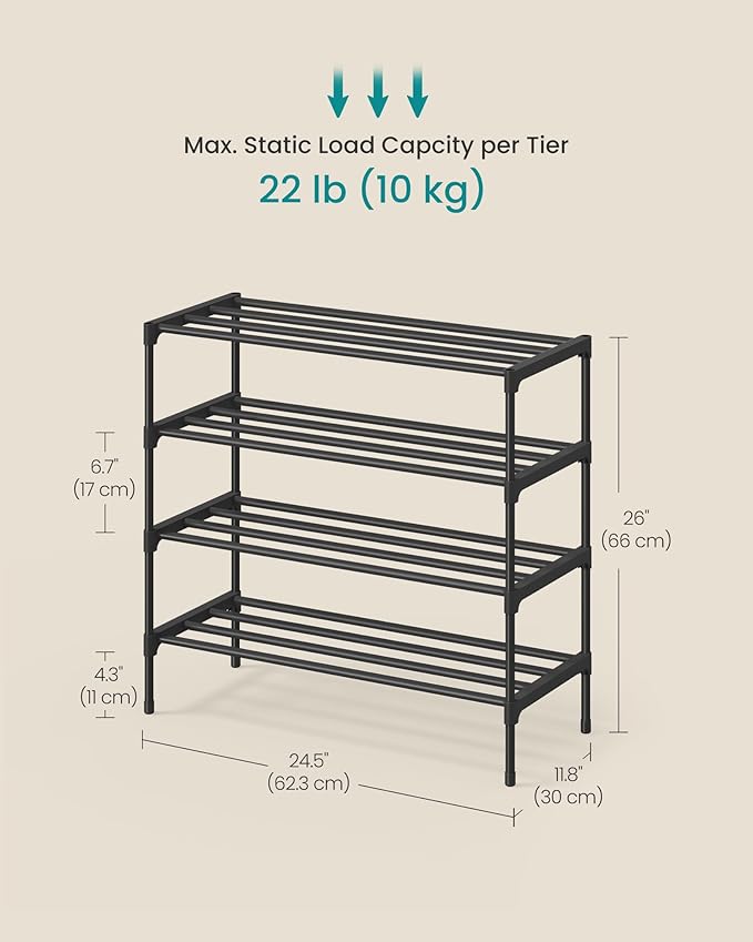 SONGMICS 4-Tier Shoe Rack for Closet, Compact Metal Shoe Organizer Shelf for Entryway, Bedroom, Small Spaces, Stackable, 11.8