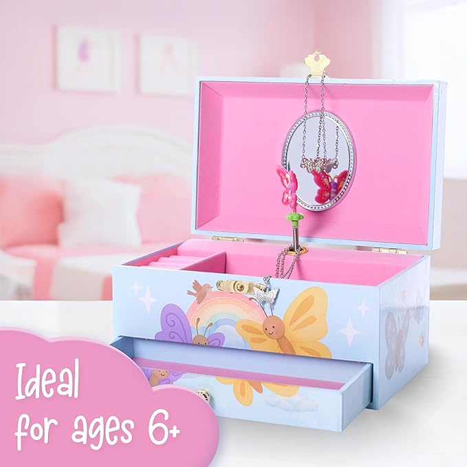 The Memory Building Co Butterfly Musical Jewelry Box Plays Classic Melody, Storage Organizer Music Box for Kids Ages 6-12, MD