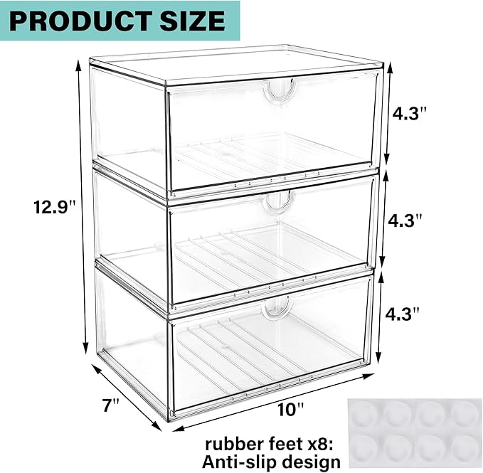 Prsildan Acrylic Makeup Organizer, 3 Pack Stackable Clear Storage Drawers for Baby Bottles Desk Organizers with 3 Drawers for