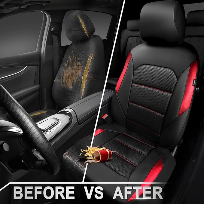 CAR PASS Memory Foam Leather Seat Covers,Air Cool Mesh Thick Car Seat Covers Front Seats Red Leather Seat Covers for Cars Uni