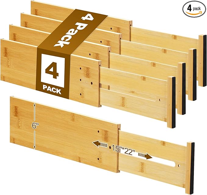 4 Pcs Deep Bamboo Drawer Dividers, Deep Kitchen Dresser Drawer Organizer with Spring Loaded for Clothes, Adjustable Expandabl