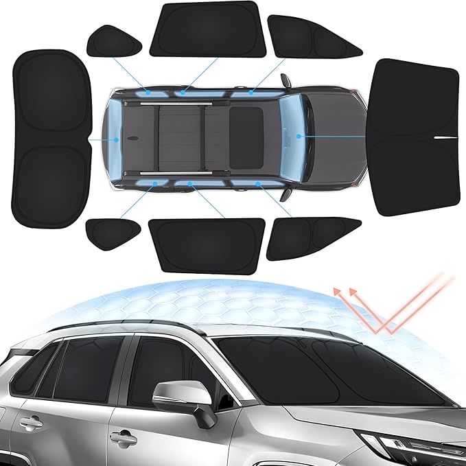 Sunsdrew 8PCS Foldable Sun Shades for 2019-2025 Toyota RAV4 Accessories Car Windshield&Side Windows Shade Cover Blocks 99% UV&Heat Privacy Protection Keeps RAV4 Cool All Black