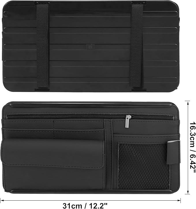X AUTOHAUX Black Universal Car Sun Visor Organizer Sunglasses Case Storage Pocket Hook and Loop Tape ABS PU Leather for SUV RV Truck