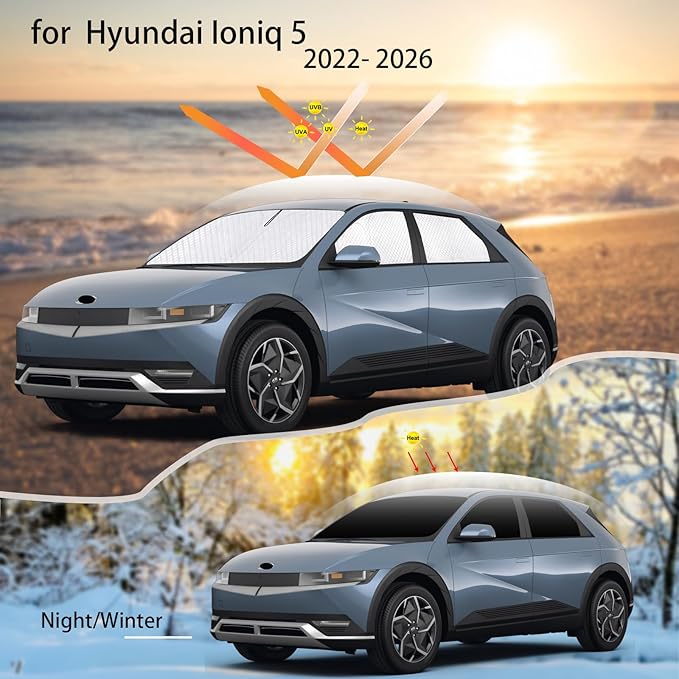 KMF 6pcs Thicken Sun Shades for Hyundai Ioniq 5 Accessories 2022-2025 2026, Custom Fit Full Car Window Covers Sunshade for Windshield Side Rear, Sun UV Block and Blackout Privacy for Camping Outdoor