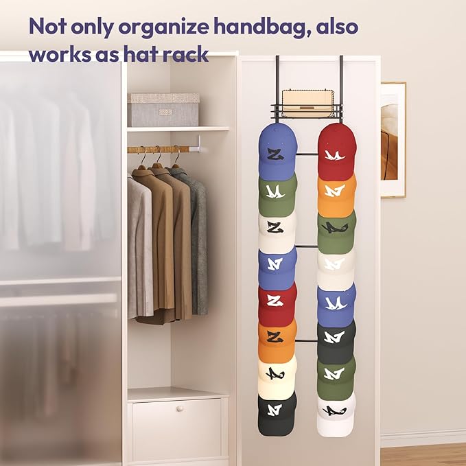 SWTYMIKI Over The Door Purse Organizer - Wall Mounted Handbag Organizer with 16 Hooks and Metal Basket, Hanging Purse Storage