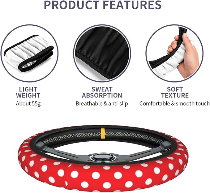 Red Polka Dot Steering Wheel Cover,Cute Classic Universal Fit 14-15 inch Steering Wheel Cover for Women Men, Automotive Inter
