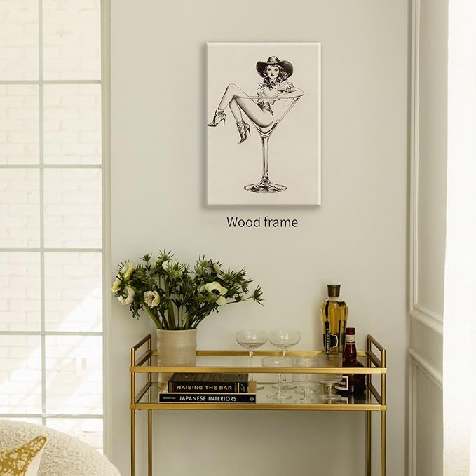 Vintage Western Framed Wall Art Coquette Cowgirl Martini Posters Prints 16x24 in Retro Bar Cart Cocktail Artwork Aesthetic fo