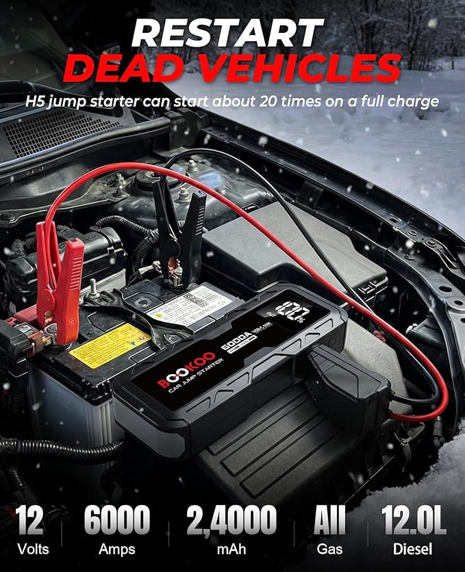 BOOKOO 6000A Jump Starter,12V Portable Car Battery Jump Starter (for All Gas and 12L Diesel Engines) 88.8Wh Jump Box with