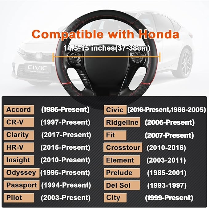 GIANT PANDA Microfiber Leather Steering Wheel Cover for Honda Accord,Civic,CR-V,HR-V,Pilot(Diamond-Pattern-Black+Red Line-Sta
