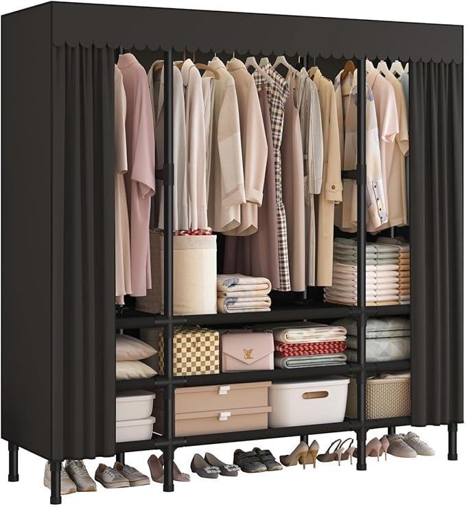 Portable Closet,Garment Rack,Heavy Duty Clothes Rack with Cover,Wardrobe Closet with 3 Hanging Rods, 9 Storage Shelves,55.1" 