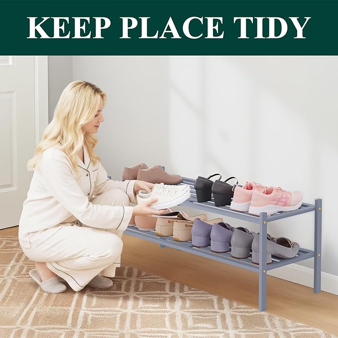 Smiry Long Bamboo Shoe Rack 2-Tier, Stackable Wooden Shoe Organizer for Entryway & Closet, Free Standing Wood Shoe Storage Sh