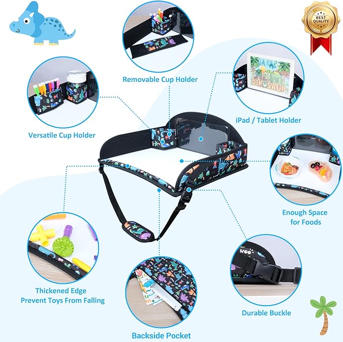 Kids Travel Tray for Toddler Carseat, Road Trip Activities Essentials for Toddler, Kids Travel Lap Desk Tray with Holder Stand ＆ Dry Erase Board (Dinosaur)