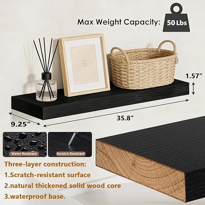 35.8 inch Black Floating Shelves Set of 2, Solid Wood Wall Mounted Shelves, Heavy Duty Display Storage Shelves for Bedroom, L