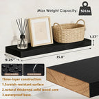 35.8 inch Black Floating Shelves Set of 2, Solid Wood Wall Mounted Shelves, Heavy Duty Display Storage Shelves for Bedroom, L