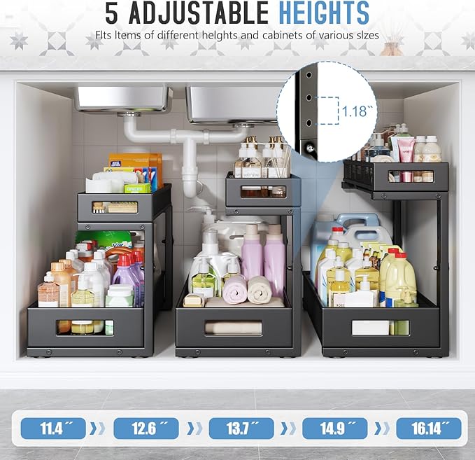 1 Pack 20.47IN Depth Under Sink Storage Organizer, Large 2-Tier Elegant Mesh Pull Out Shelf for Kitchen and Bathroom Cabinet 