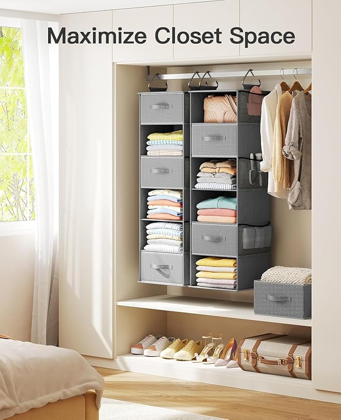 Pipishell Hanging Closet Organizer 6-Shelf, Hanging Shelves for Closet with 3 Removable Drawers & Side Pockets for Bedroom, G