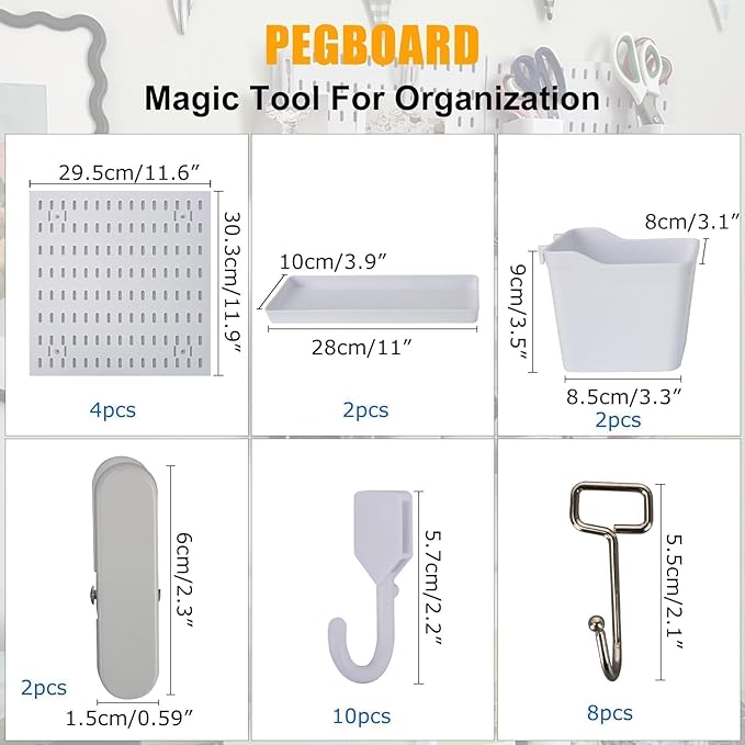 PSLER White Peg Board 4pcs 12″×12″ White Peg Board Organizer with Accessories &Hooks