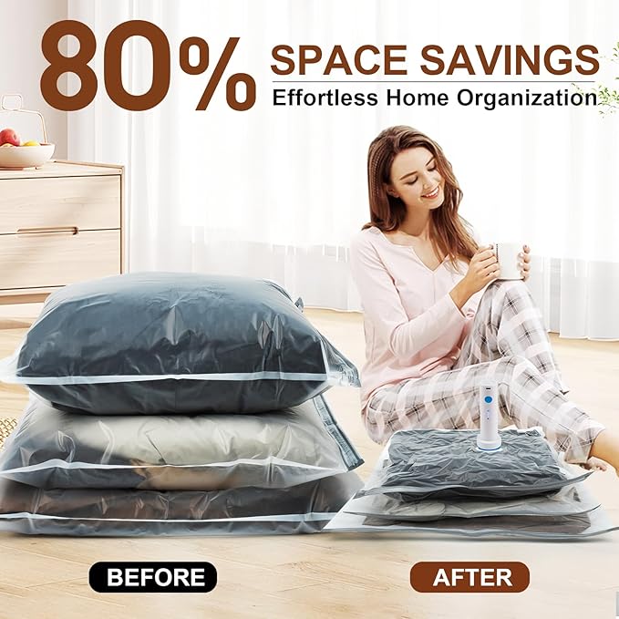 24 Pack Vacuum Storage Bags,Space Saver Bags for Clothing,Comforters,and Bedding,Includes 5 Jumbo, 5 Large, 5 Medium, 5 Small