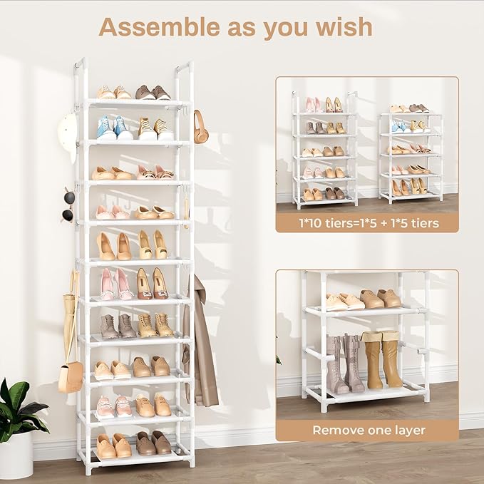 VTRIN 10 Tiers Tall Shoe Rack Holds 20-25 Pairs of Shoes Sturdy Vertical Shoe Organizer with 18pcs Hooks Stackable Narrow Sho