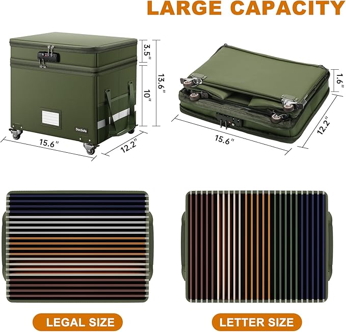 DocSafe File Box with Lock,2-Layer Fireproof Document Box with Wheels,Collapsible Rolling File Storage Organizer with Pockets