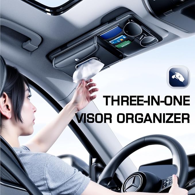 Leather Car Visor Organizer with Tissue Holder, Card Holder and Sunglasses Clip