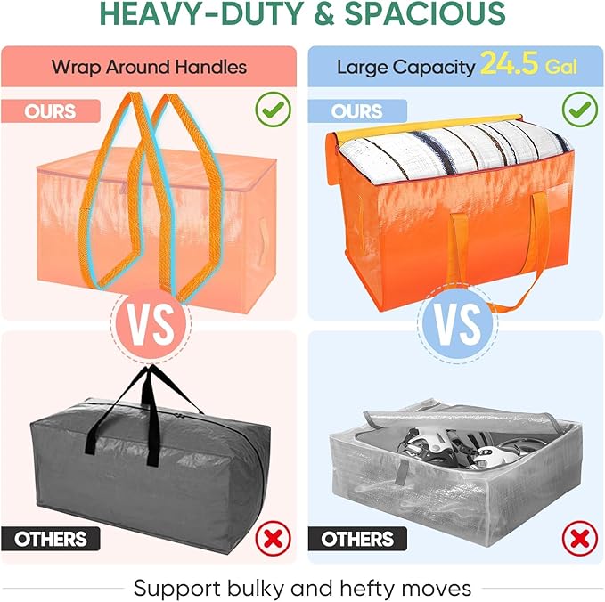BALEINE 6-Pack Oversized Moving Bags with Reinforced Handles, Heavy-Duty Storage Tote for Clothes, Moving Supplies (Orange, 6