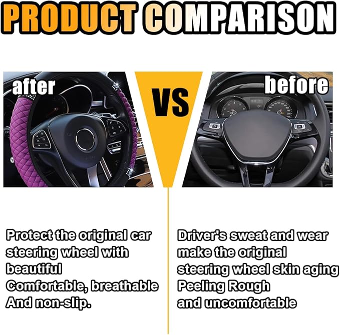 Bling Soft Leather Steering Wheel Cover, 15 Inch Colorful Rhinestones Auto Elastic Protector with Crystal Diamond for Women G