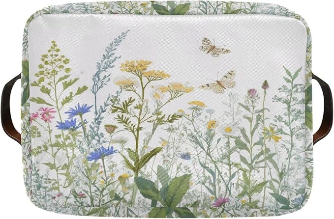 xigua Vintage Colorful Herbs Wild Flowers Floral Storage Basket Collapsible Toy Storage Bins Waterproof Canvas Storage Basket