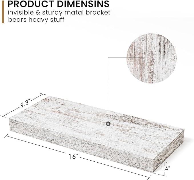 Fun Memories Deep Floating Shelves - 16" W x 9.3" D x 1.6" H Rustic Grey Wall Shelf - Wall Mounted Shelves for Storage - Wood