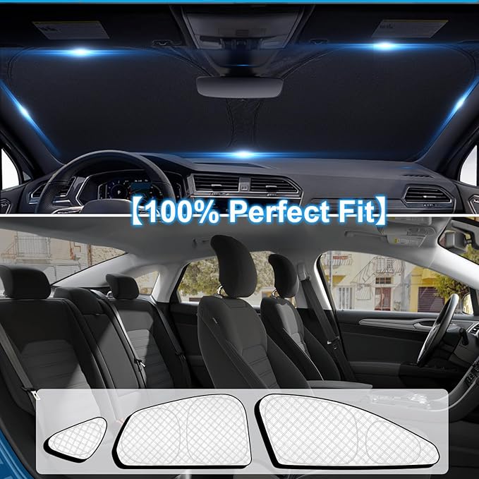 KMF 8pcs Thicken Sun Shades for Ford Fusion 2013-2021 Accessories, Full Car Window Covers Sunshade for Windshield Side Rear, UV Block and Privacy Blackout for Camping Outdoor