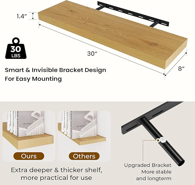Dreamland 30 Inches Floating Shelves for Wall, 8 Inch Deep Floating Shelves Set of 2, Large Display & Storage Shelf, Wall She