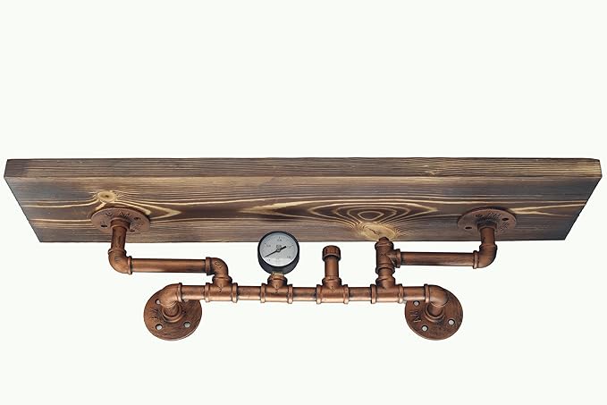 31.5 Inches Wide Carbonized Pine Wood Wall Shelf - Premium Nordic Pine & Cast Iron Wall-Mounted Rack Rutic Storage Shelf for 