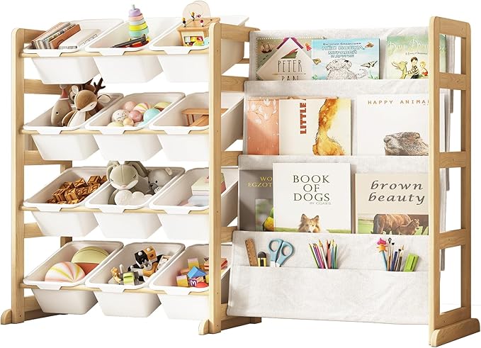 EXPERLAM Toy Storage Organizer with Bookshelf - 12 Storage Bins 4-Tier Multipurpose Shelf to Organize Toys and Books for Kids