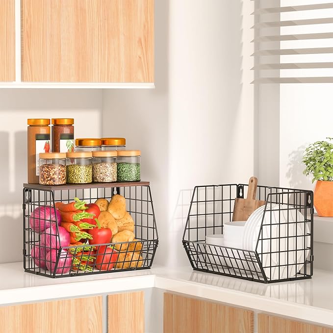 Wawocs Fruit Basket for Kitchen Counter 2 Tier Fruit Bowl, Stackable Wall Mounted Hanging Fruit Basket Wire Baskets with Wood