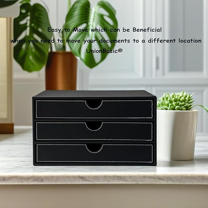 UnionBasic Document Organizer, 3-Drawer File Cabinet Document Storage Box, Office Desktop Filing Organizer, Black with White 