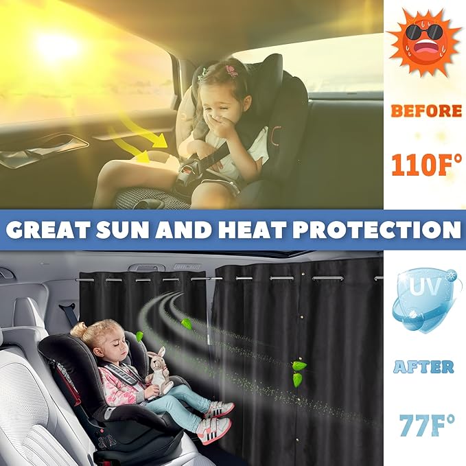 XCBYT Car Privacy Divider Curtains (3-Pack), Rigid Rod-Mounted Total Blackout Set - No Sag, No Strings - Rear Seat Divider & Side Window Shades for Car Camping, Baby Naps